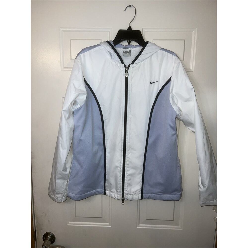 Nike Jacket Windbreaker Hooded Full Zip Rain Coat Women's XL White Blue Swoosh